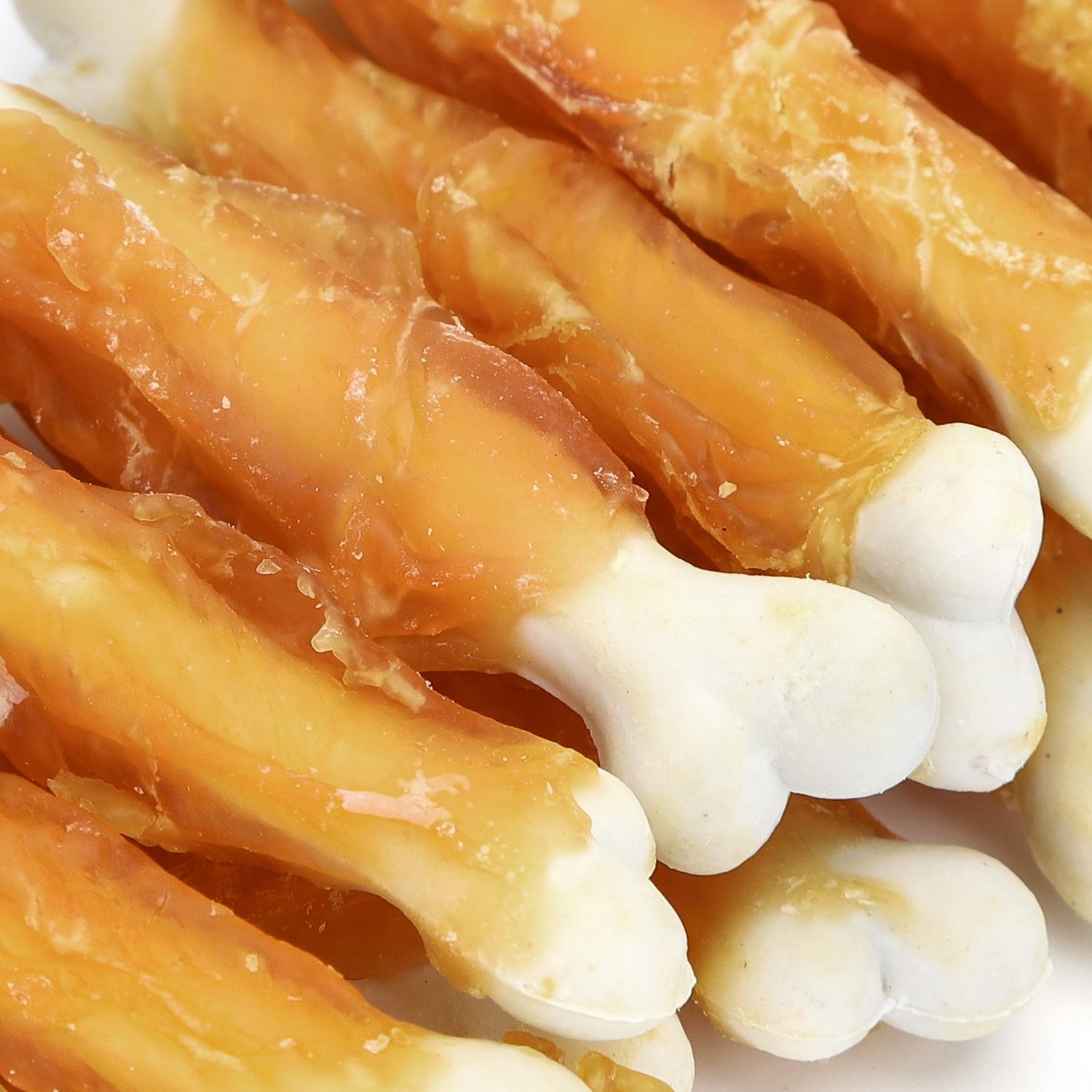 Chicken wrapped rawhide bones containing calcium