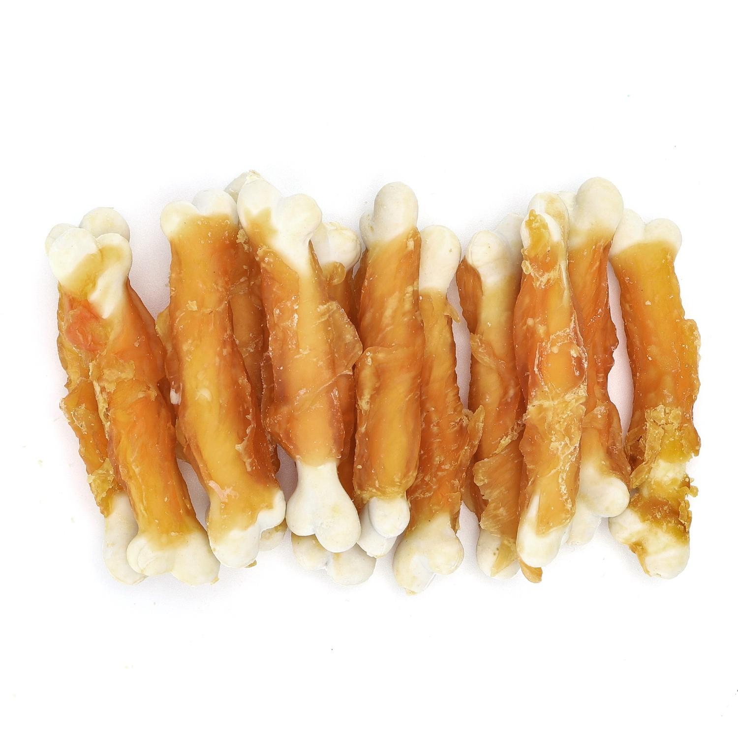 Chicken wrapped rawhide bones containing calcium